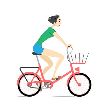 Girl Riding Bicycle. Vector Illustration Of A Beautiful Young Girl Riding A Red Bike.