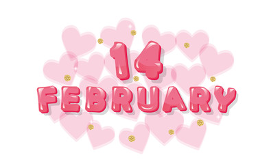 February 14 pink glossy letters. Valentines card with transpatent hearts and glitter polka dots