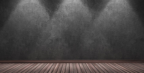 3d rendering illustration of big modern room with black plaster wall, wooden parquet floor and plinth. Interior with three spotlights. Studio, showroom, photostudio, stage.
