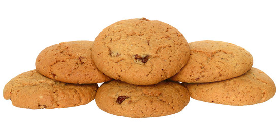 Appetizing chip cookies with raisins and candied fruit isolated