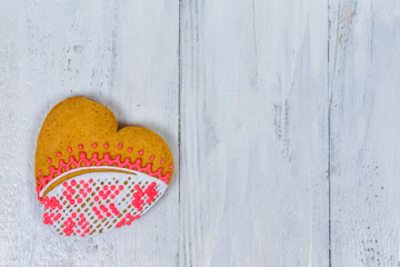 Heart shaped cookies for valentine day on wooden table. Top view, copy space