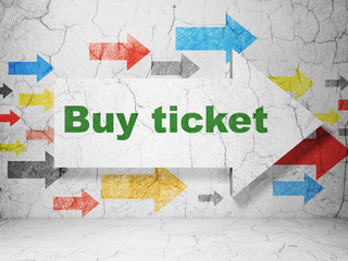 Vacation concept:  arrow with Buy Ticket on grunge textured concrete wall background, 3D rendering