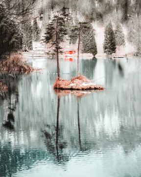Kleines rotes Haus in den schweizer Bergen am Crestasee, im Wasser eine kleine Insel mit zwei Bäumen darauf mit Reflektion im Wasser