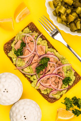 Tuna Fish and Avocado With Onions on Rye Bread Open Face Sandwich