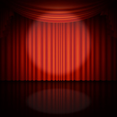 Spotlight on stage and red curtain. EPS 10 vector