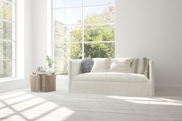 Idea of white room with sofa and summer landscape in window. Scandinavian interior design. 3D illustration