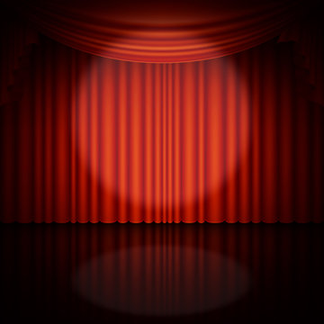 Spotlight on stage and red curtain. EPS 10 vector