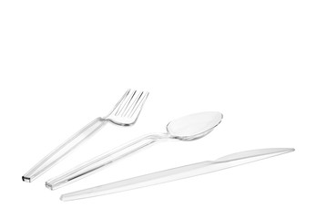 Cutlery set / View of plastic cutlery set on white background.