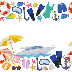 Seamless horizontal borders of beach summer holidays accessories, cartoon illustration. Vector