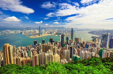 Amazing view on Hong Kong city skyline from the Victoria peak, China