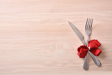 Decorated event table for restaurant menu on wooden table