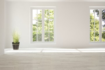 Fototapeta premium White empty room with summer landscape in window. Scandinavian interior design. 3D illustration