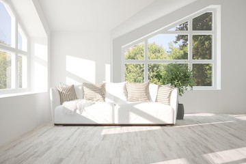 Fototapeta na wymiar Idea of white room with sofa and summer landscape in window. Scandinavian interior design. 3D illustration