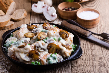 Chicken and mushroom casserole in cast iron skillet