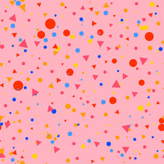 Colorful messy dots, triangles on pink background. Festive seamless pattern with round shapes. Grunge dotted texture for wrapping paper, web. Vector illustration.