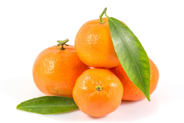 Healthy fruits, Fresh orange fruit with leaf isolated on white background, with a clipping path