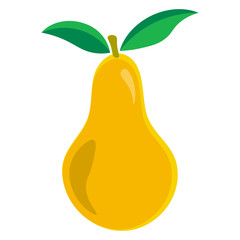 Yellow pear with green leaves. Fruit isolated on white background. Vector illustration.