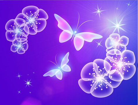 Glowing background with magic  butterflies and flowers.Transparent butterfly  and flowers.  Glowing image on purple background.