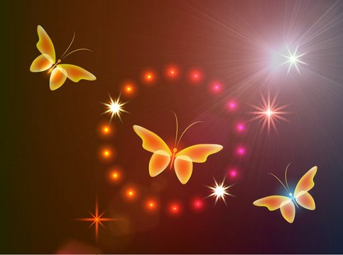 Glowing background with magic  butterflies and stars in a circle.Transparent butterfly  and stars..  Glowing image on red background.