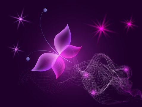 Glowing background with magic  butterflies and sparkling stars.Transparent butterfly and glowing stars. Glowing image on dark background.