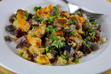 Quinoa with dried cranberries and sweet potatoes with a maple vinaigrette 