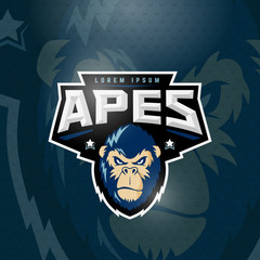 Sport Apes Abstract Vector Sign, Emblem or Logo Template. Sport Team Mascot Label. Angry Gorilla Face with Typography. On Dark Background.