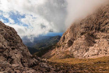 Mountain gorge covered by clouds in Serra de Tramuntana range, Majorca Balearic Islands