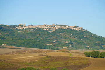 Fototapeta na wymiar September landscape with the city of Montalchino in the sunny day. Tuscany, Italy