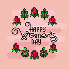 Happy Womens Day. Handwritten lettering with roses.