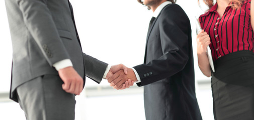 Young businessman shaking hands after agree to collaborate.