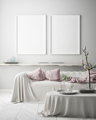 mock up poster frame in hipster interior background, Scandinavian style, 3D render, 3D illustration