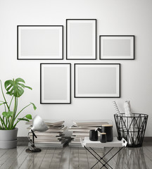 mock up poster frame in hipster interior background, Scandinavian style, 3D render, 3D illustration