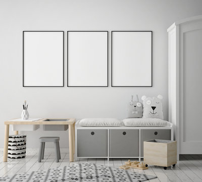 mock up poster frames in children bedroom, scandinavian style interior background, 3D render, 3D illustration