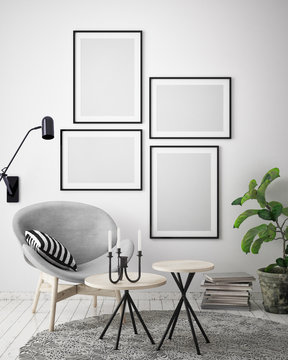 mock up poster frame in hipster interior background, Scandinavian style, 3D render, 3D illustration