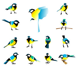 Flat icons of titmouse set. Winter birds in a flat style.