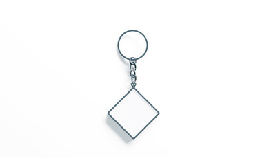 Blank metal rhombus white key chain mock up top view, 3d rendering. Clear silver keychain design mockup isolated. Empty plain keyring souvenir holder template. Steel trinket label