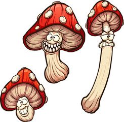 Red cartoon mushrooms with different faces. Vector clip art illustration with simple gradients. Each on a separate layer. 