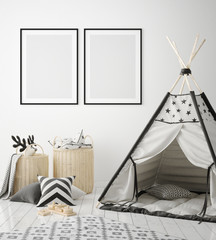 Fototapeta na wymiar mock up poster frames in children bedroom, scandinavian style interior background, 3D render, 3D illustration