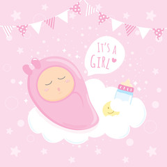Baby Girl Shower sleeping on clouds, Happy Birthday for new born celebration greeting and invitation Post card Size