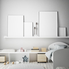 mock up poster frames in children bedroom, scandinavian style interior background, 3D render, 3D illustration