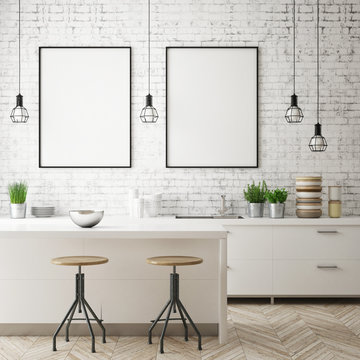 mock up poster frame in kitchen interior background, Scandinavian style, 3D render, 3D illustration