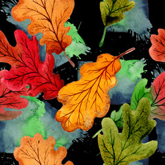 Fototapeta premium Autumn leaf of oak pattern in a hand drawn watercolor style. Aquarelle leaf of oak for background, texture, wrapper pattern, frame or border.