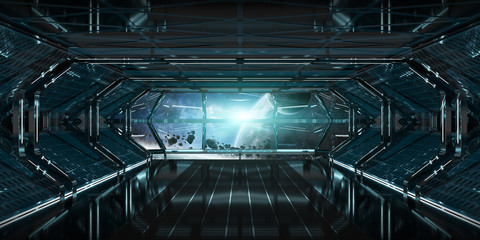 Spaceship interior with view on planets 3D rendering elements of this image furnished by NASA