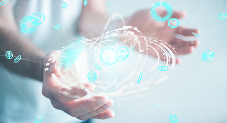 Businessman using flying network connection interface 3D rendering