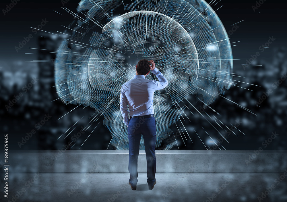 Poster businessman watching digital planet earth interface on a rooftop 3d rendering