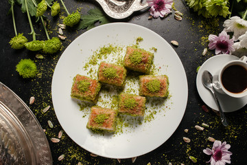 Baklava traditional oriental dessert. Coffee and turkish pastry breakfast concept