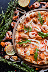 Seafood pizza. Delicious italian meal. Fast and tasty dinner concept