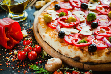 primavera pizza background. Healthy vegetable ingredients. Delicious traditional italian food concept