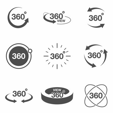 360 degree view related icon set. Signs and arrows for indicate the rotation and panorama, VR technology icons
