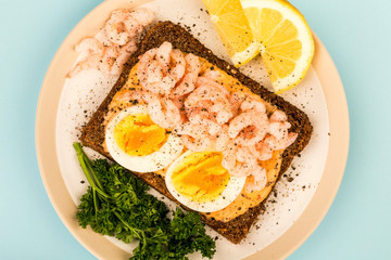 Prawn or Shrimp And Boiled Egg Open Face Sandwich On Rye Bread